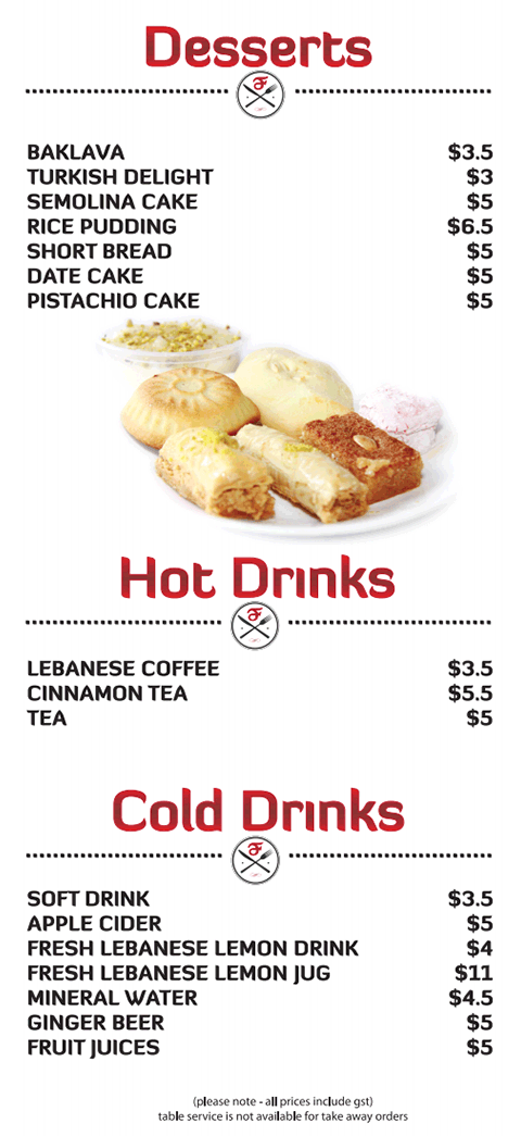 Desserts, Hot drinks, Cold Drinks